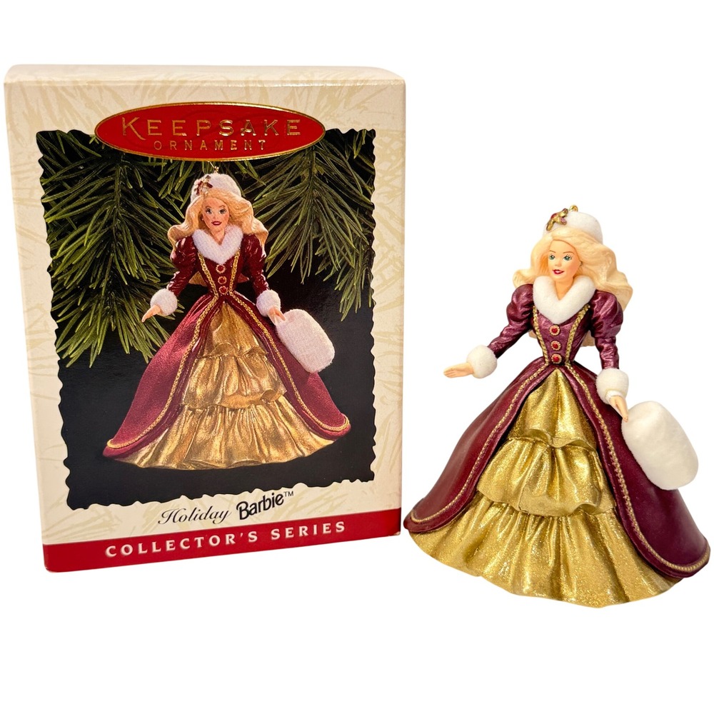 1996 Hallmark Keepsake Holiday Barbie Ornament 4th in Series Burgundy Gold Dress